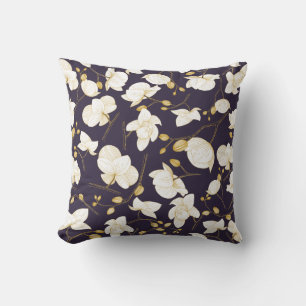 Gold & white elegant orchid floral modern purple cushion