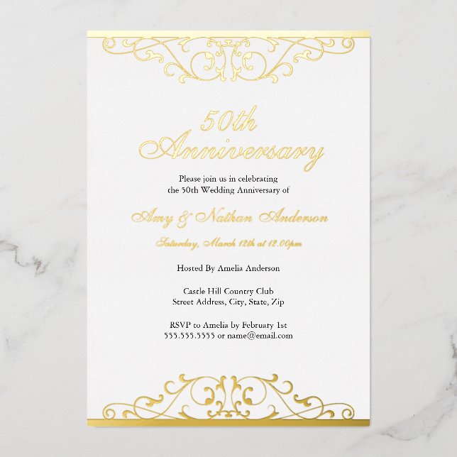 Gold White Elegant Swirl 50th Wedding Anniversary  (Front)