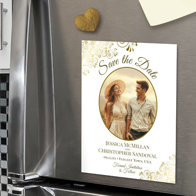 Gold & White Elegant Wedding Save Date Oval Photo Magnetic Invitation (Magnetic Back for Easy Display!)