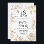 Gold White Floral 18th Birthday Party Invitation<br><div class="desc">Elegant gold line art roses and leaves surround your 18th birthday party details.</div>
