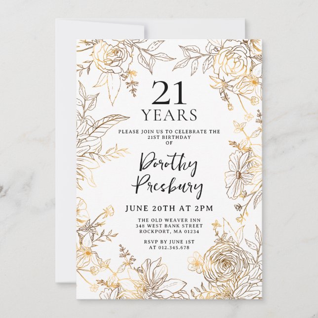 Gold White Floral 21st Birthday Party Invitation (Front)