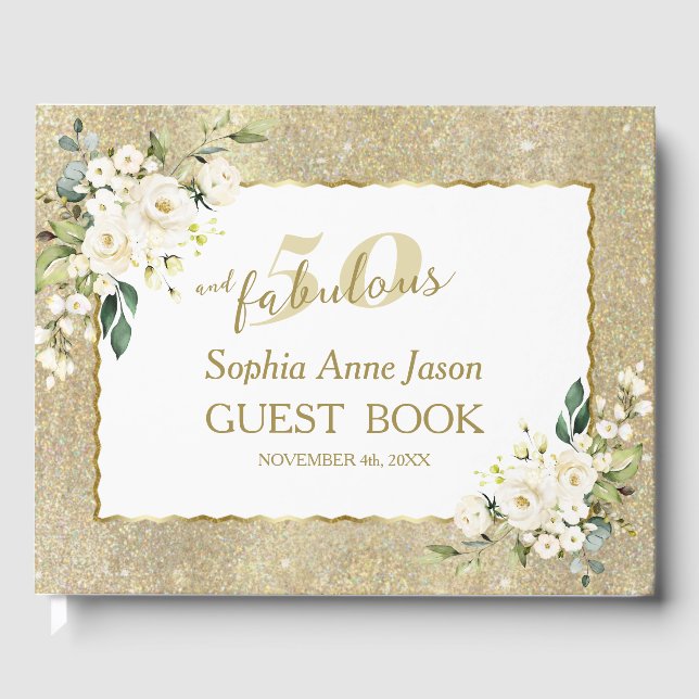 Gold White Floral 50 and Fabulous Birthday Party Guest Book (Front)