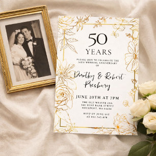 Gold White Floral 50th Anniversary Invitation