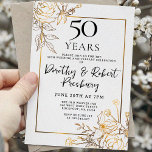 Gold White Floral 50th Anniversary Invitation<br><div class="desc">Elegant gold line art roses and leaves surround your 50th wedding anniversary party details.</div>