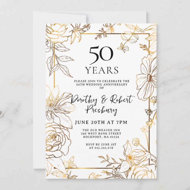 Gold White Floral 50th Anniversary Invitation (Front)