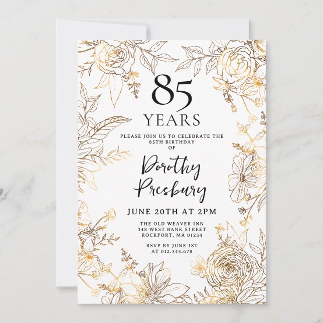 Gold White Floral 85th Birthday Party Invitation (Front)