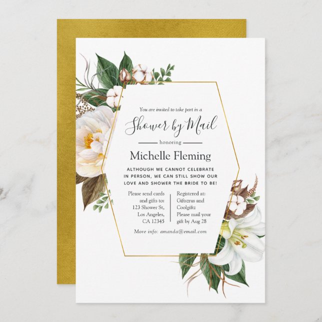 Gold & White Floral Baby or Bridal Shower by Mail Invitation (Front/Back)