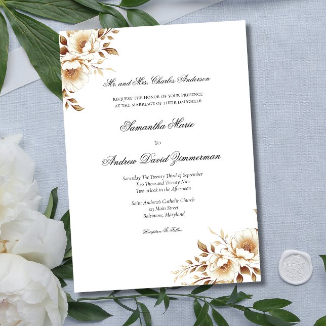 Gold White Floral Classic Formal Elegant Wedding  Invitation (Gold White Floral Watercolor Elegant Forma Traditional Wedding Invitation)