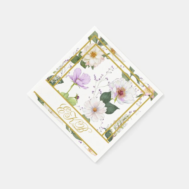 Gold White Floral Elegant Modern Monogram Napkin (Corner)