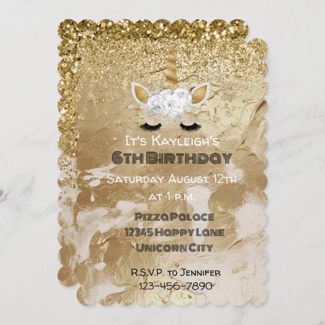 Gold White Floral Unicorn Sparkle  Invitation (Front/Back)