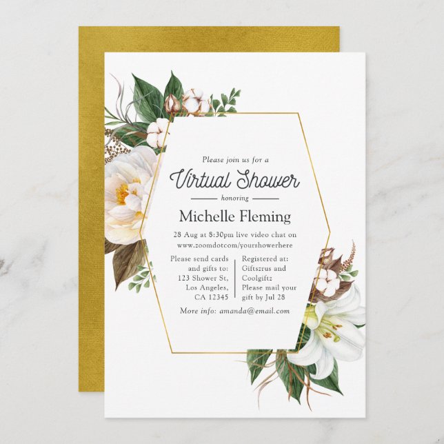 Gold & White Floral Virtual Shower Invitation (Front/Back)