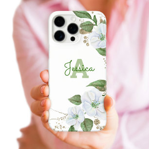 Gold White Floral Watercolor Monogram Script Chic iPhone 16 Pro Max Case