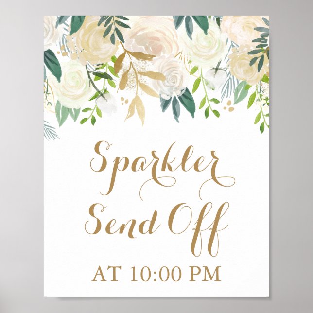 Gold White Flower Sparkler Send Off Sign Poster (Front)
