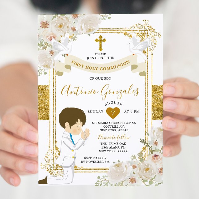 Gold White Flowers Boy First Holy Communion Invitation (Creator Uploaded)