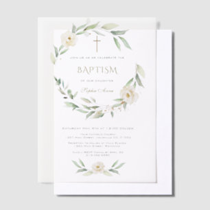 Gold White Flowers Cross Baptism Vellum Invitations