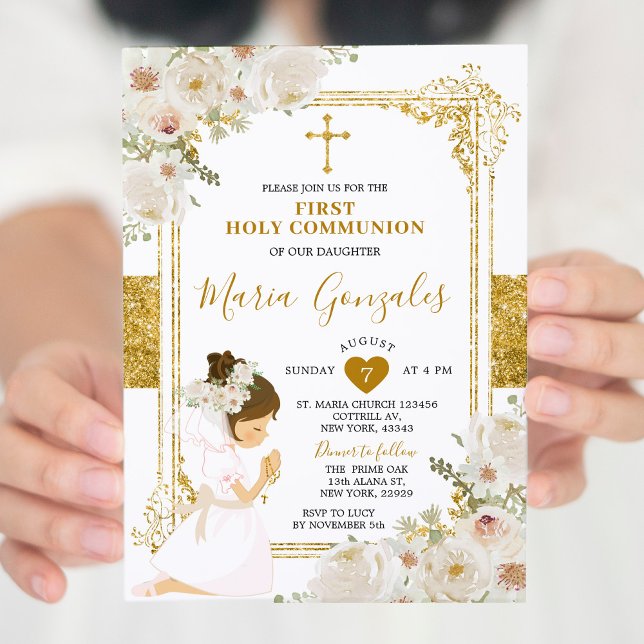 Gold White Flowers Girl First Holy Communion Invitation (Creator Uploaded)