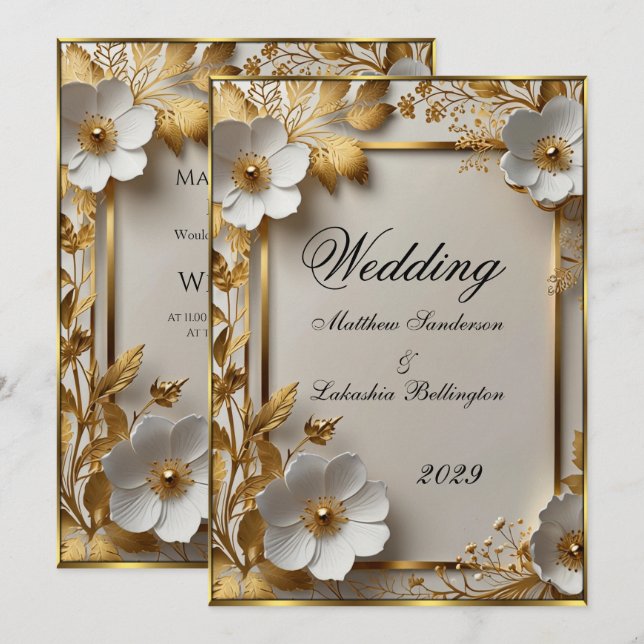  Gold white flowers Modern wedding  Invitation (Front/Back)