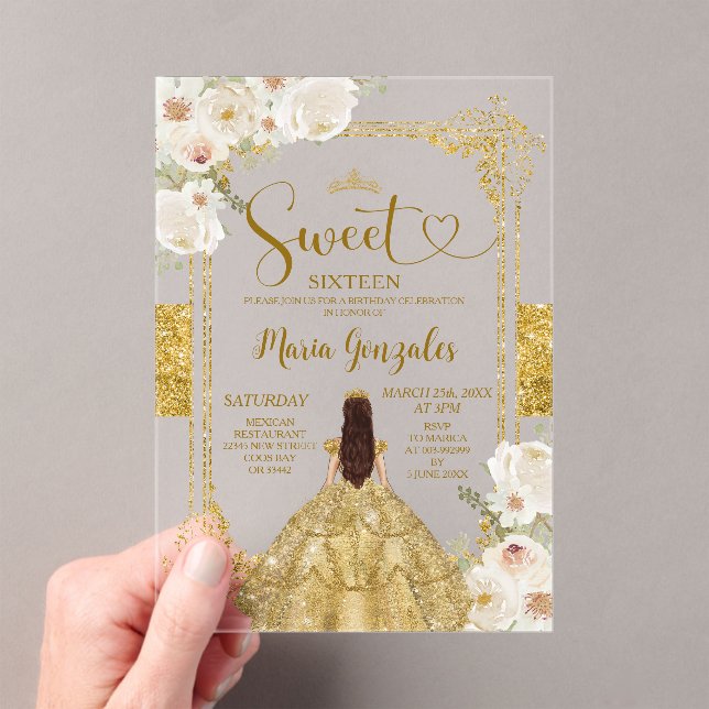 Gold & White Flowers Sweet Sixteen Crown Birthday Acrylic Invitations (Insitu (Handheld))