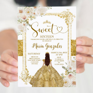 Gold & White Flowers Sweet Sixteen Crown Birthday Invitation