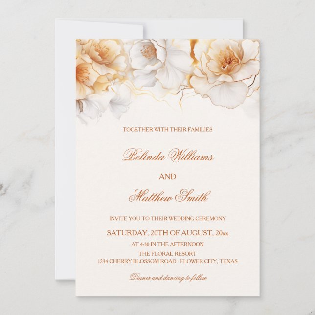 Gold White Flowers Wedding Invitation (Front)