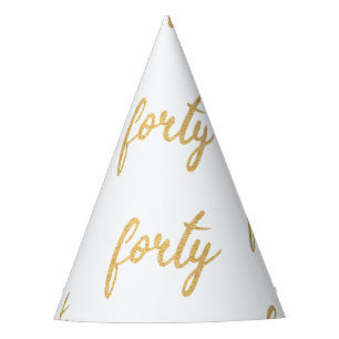 Gold White "Forty" 40 Birthday Party Glitter Party Hat