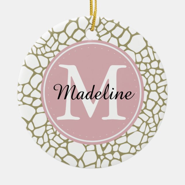 Gold White Giraffe Print Monogram Ceramic Tree Decoration (Front)