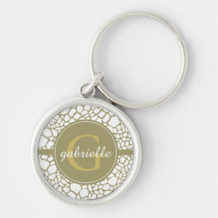 Gold White Giraffe Print Monogram Key Ring