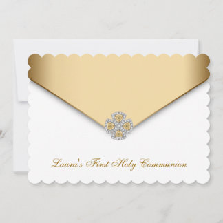 Gold White Girls First Holy Communion Invitation