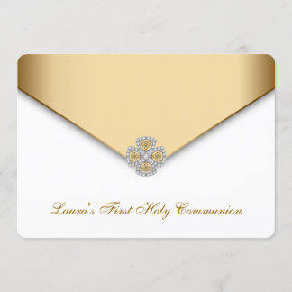 Gold White Girls First Holy Communion Invitation