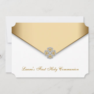 Gold White Girls First Holy Communion Invitation
