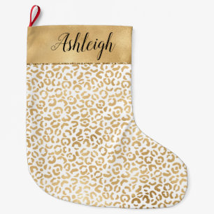 Gold White Glam Leopard Print Large Christmas Stocking