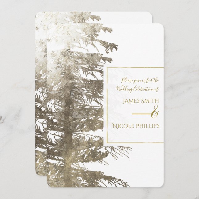 Gold & White Glam Pine Tree Rustic Forest Wedding Invitation (Front/Back)