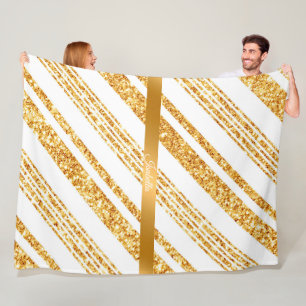 Gold White Glitter Boho Popular Stripes Collection Fleece Blanket