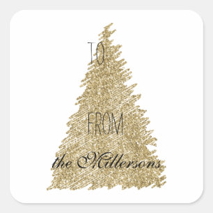 Gold White Glitter Christmas Tree Square Sticker