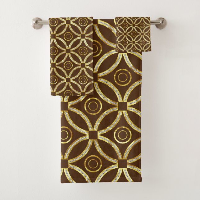 Gold & White Glitter Geometric On Brown Bath Towel Set (Insitu)