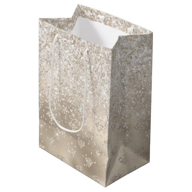 Gold White Glitz Glitter Diamonds Medium Gift Bag (Front Angled)