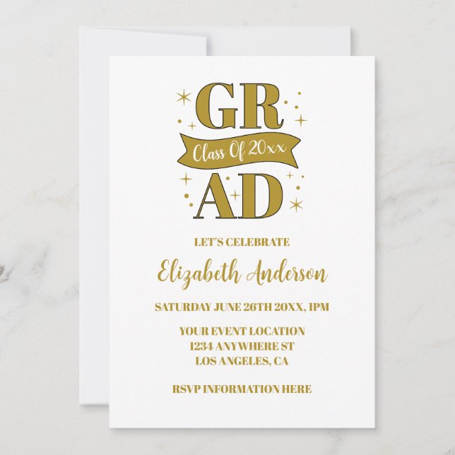 Gold & White Graduation Party Invitation (Front)