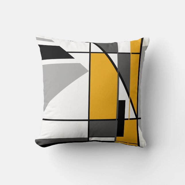 Gold White Grey Black Geometric Abstract Mosaic Cushion (Front)