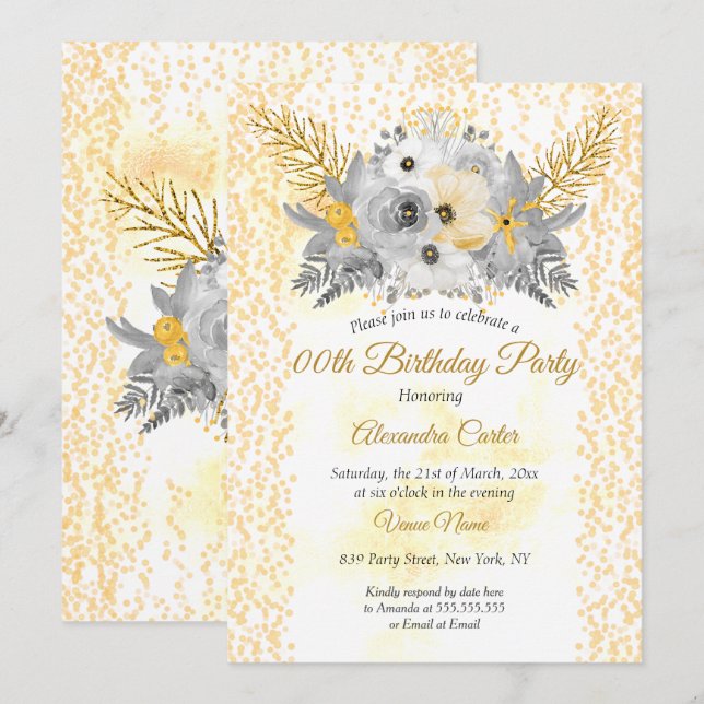 Gold White grey Floral Bouquet Birthday Party Invitation (Front/Back)