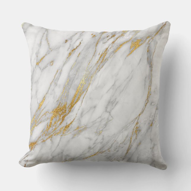 Gold White Grey Glam Carrara Marble Cushion (Front)
