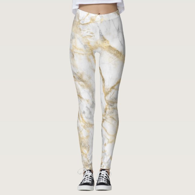 Gold White Grey Marble Pattern Yoga Women's Leggings (Front)