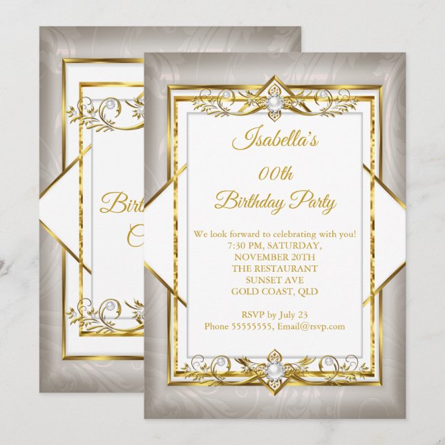 Gold White Grey Pearl beige Birthday Party Invitation (Front/Back)