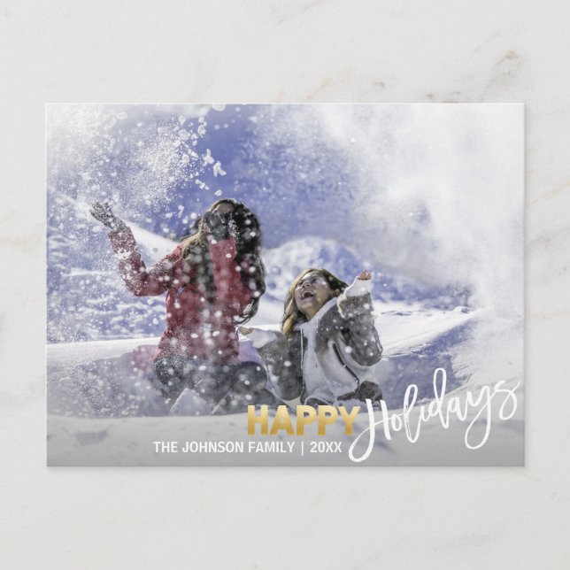 Gold White Happy Holidays Snowflakes | add PHOTO Holiday Postcard (Front)