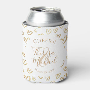 Gold White Hearts Custom Saying Name Date Can Cooler