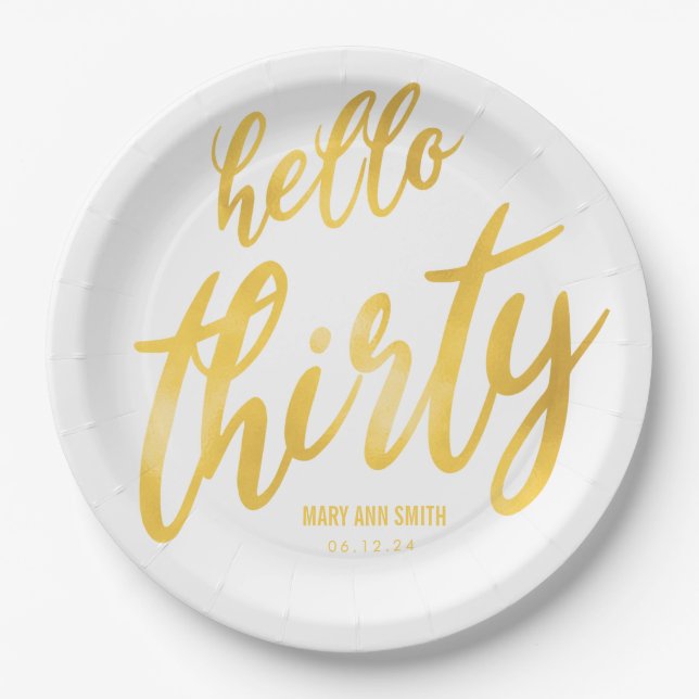 Gold White "Hello Thirty" Birthday w/ Name Paper Plate (Front)