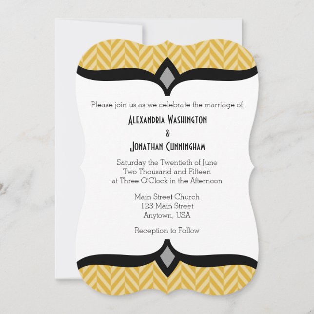Gold White Herringbone Wedding Invitation (Front)