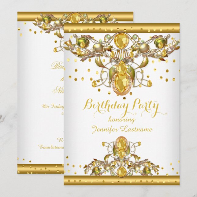Gold White Jewelled Birthday Party Invitation 2 (Front/Back)