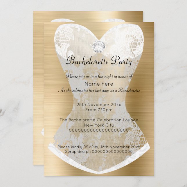 GOLD WHITE LACE CORSET BACHELORETTE INVITATION (Front/Back)