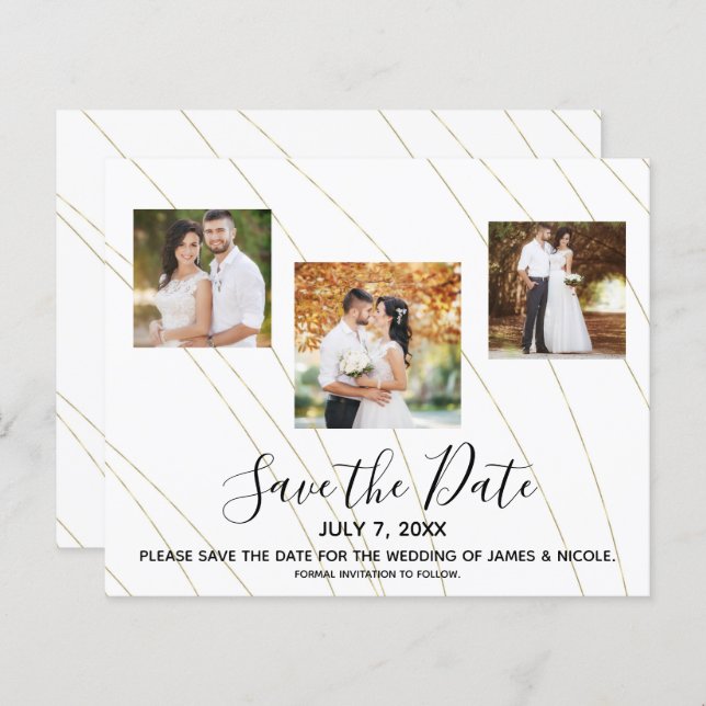 Gold & White Lines Photo Wedding Save the Date (Front/Back)
