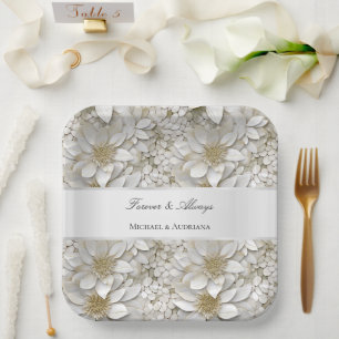 Gold White Lotus Flowers Bridal Shower Paper Plate